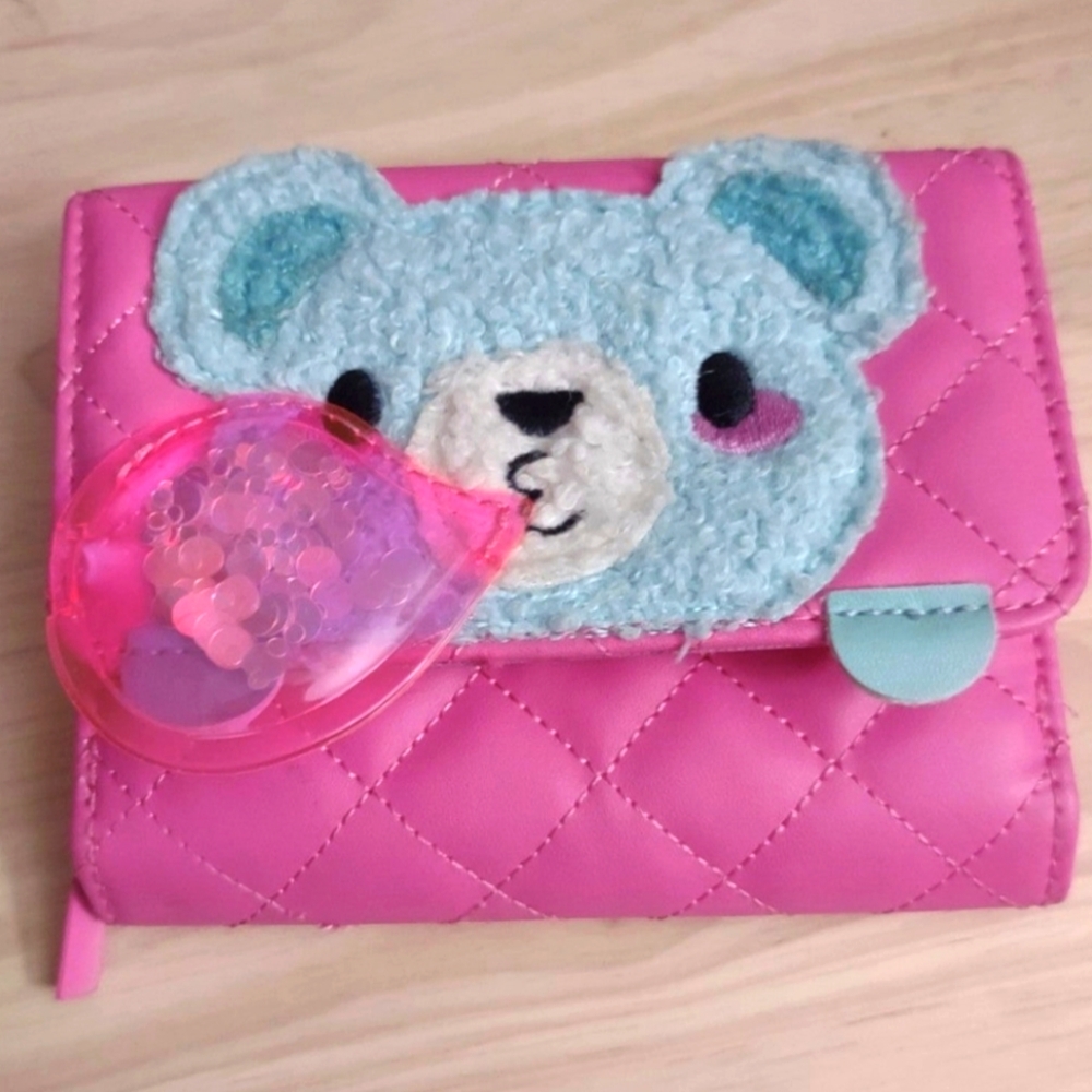Blue Bear Fluffy Bubblegum Pink Quilted Wallet Pouch Zipper Fold Cardholder
